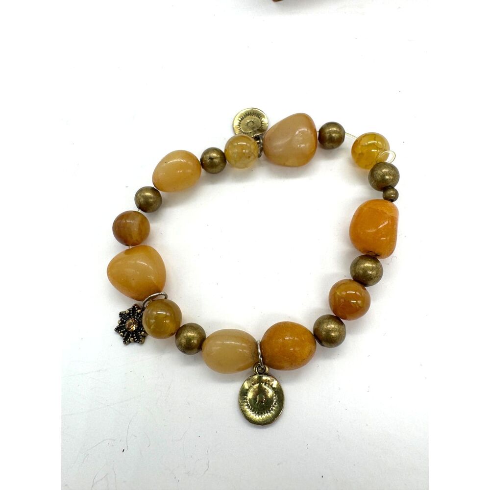 Brown and Goldtone Stone Braclet with Goldtone Medallions
